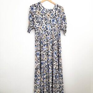 Christy Dawn Cream and Blue Floral Short Sleeve Maxi Dress Small